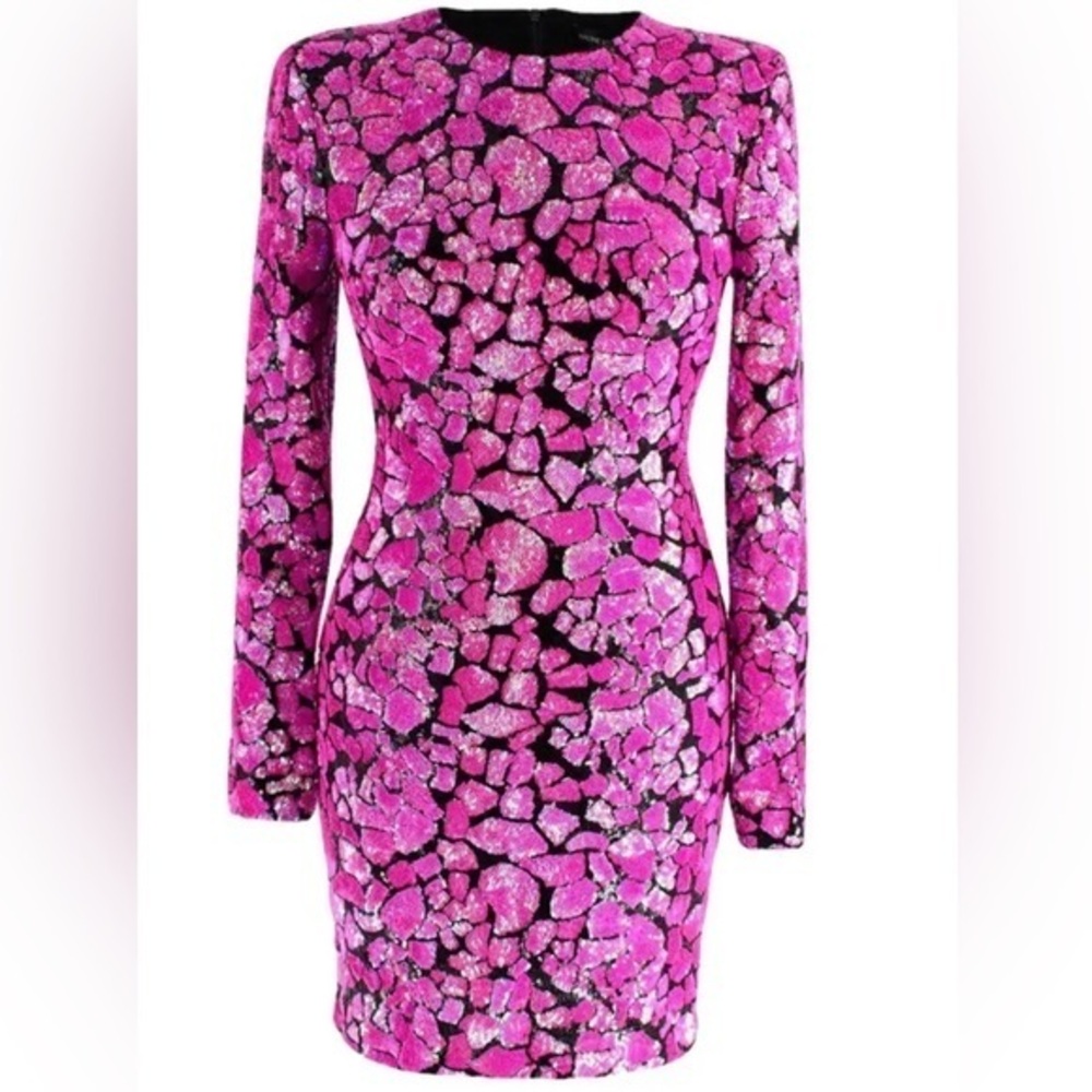 NADINE MERABI Macy sequin animal print Pink black Dress 14 XXL